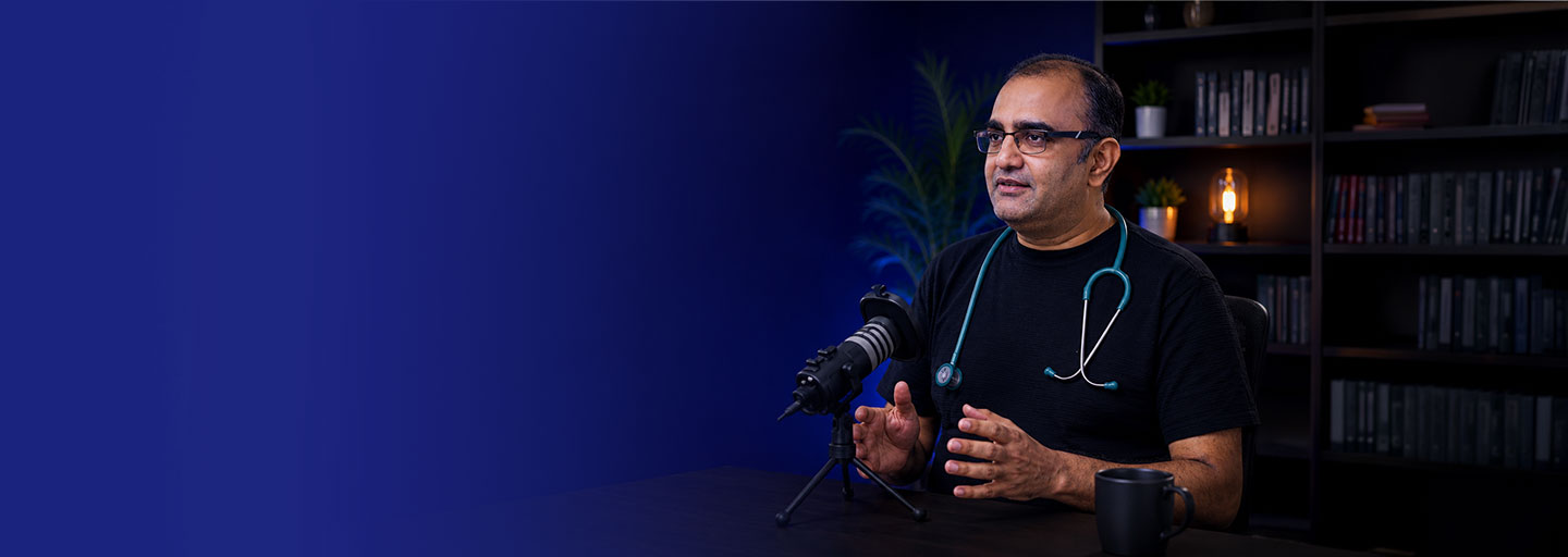 Dr. Chirag Jain recording a medical podcast on cancer anxiety, oncology, and the nervous system